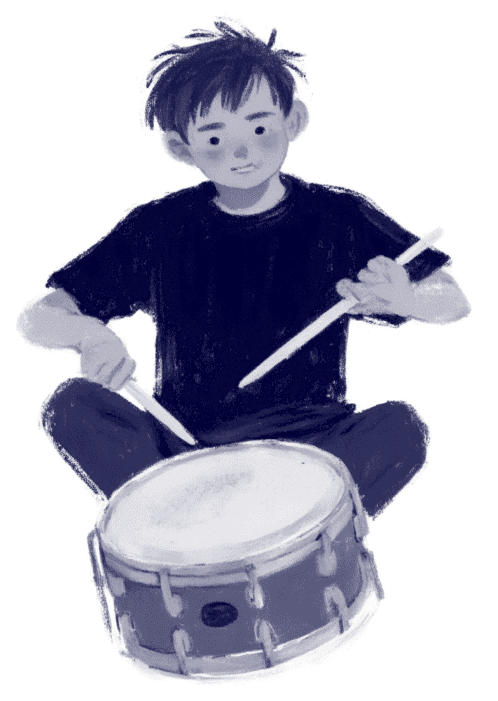 Czarno-biała ilustracja chłopca grającego na bębenku