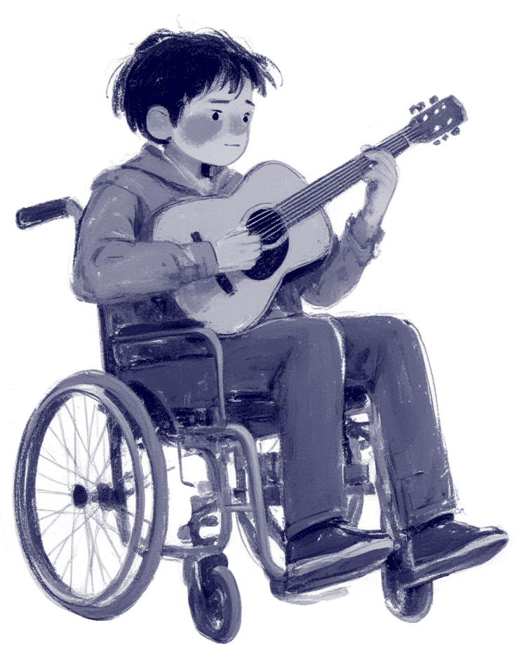 Czarno-biała ilustracja chłopca na wózku inwalidzkim, grającego na gitarze